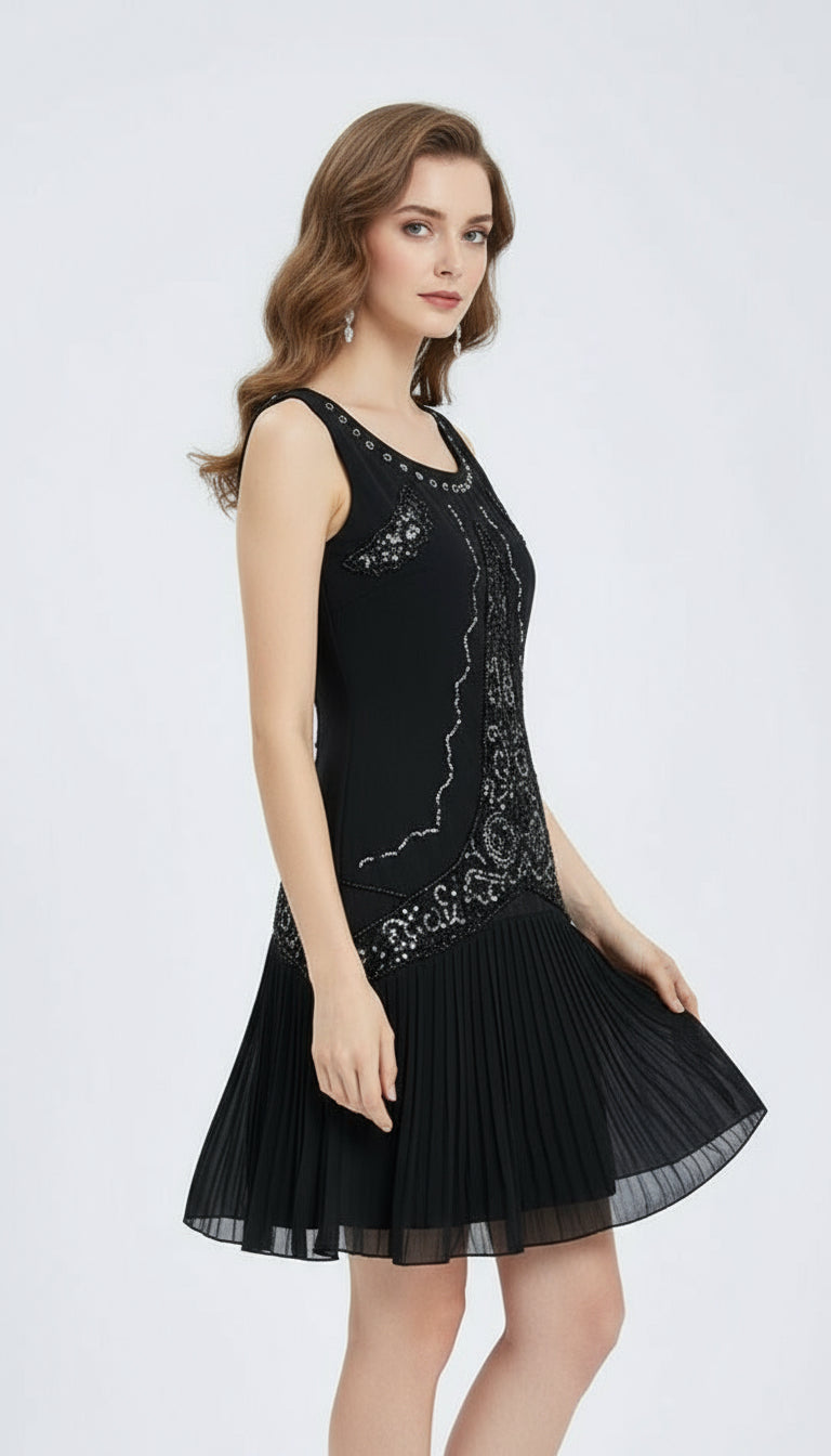 Black Sequin Pleated Dress