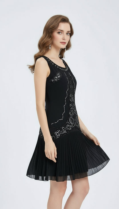 Black Sequin Pleated Dress