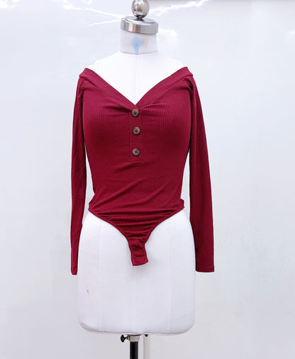 Maroon Off Shoulder Buttoned Bodysuit