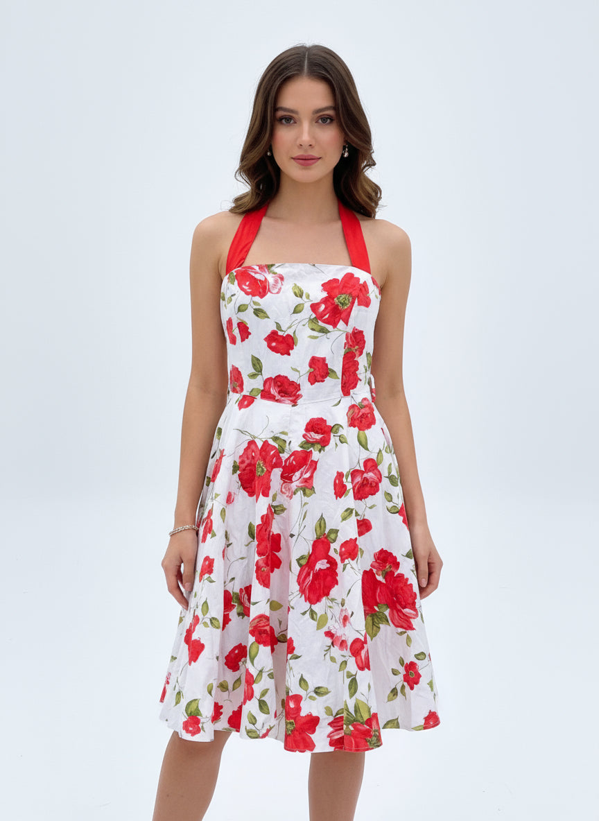Red Floral Halter Dress