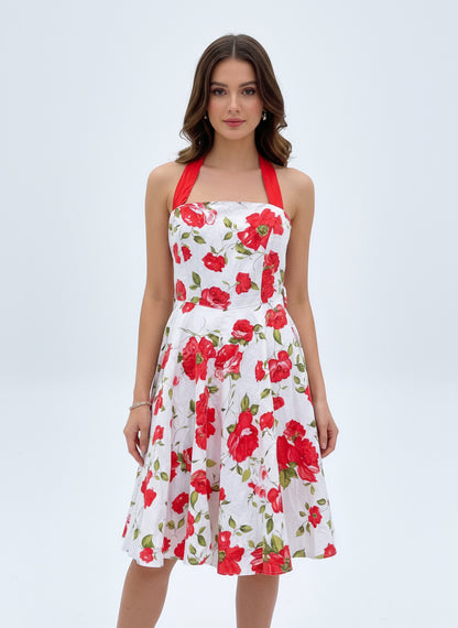 Red Floral Halter Dress