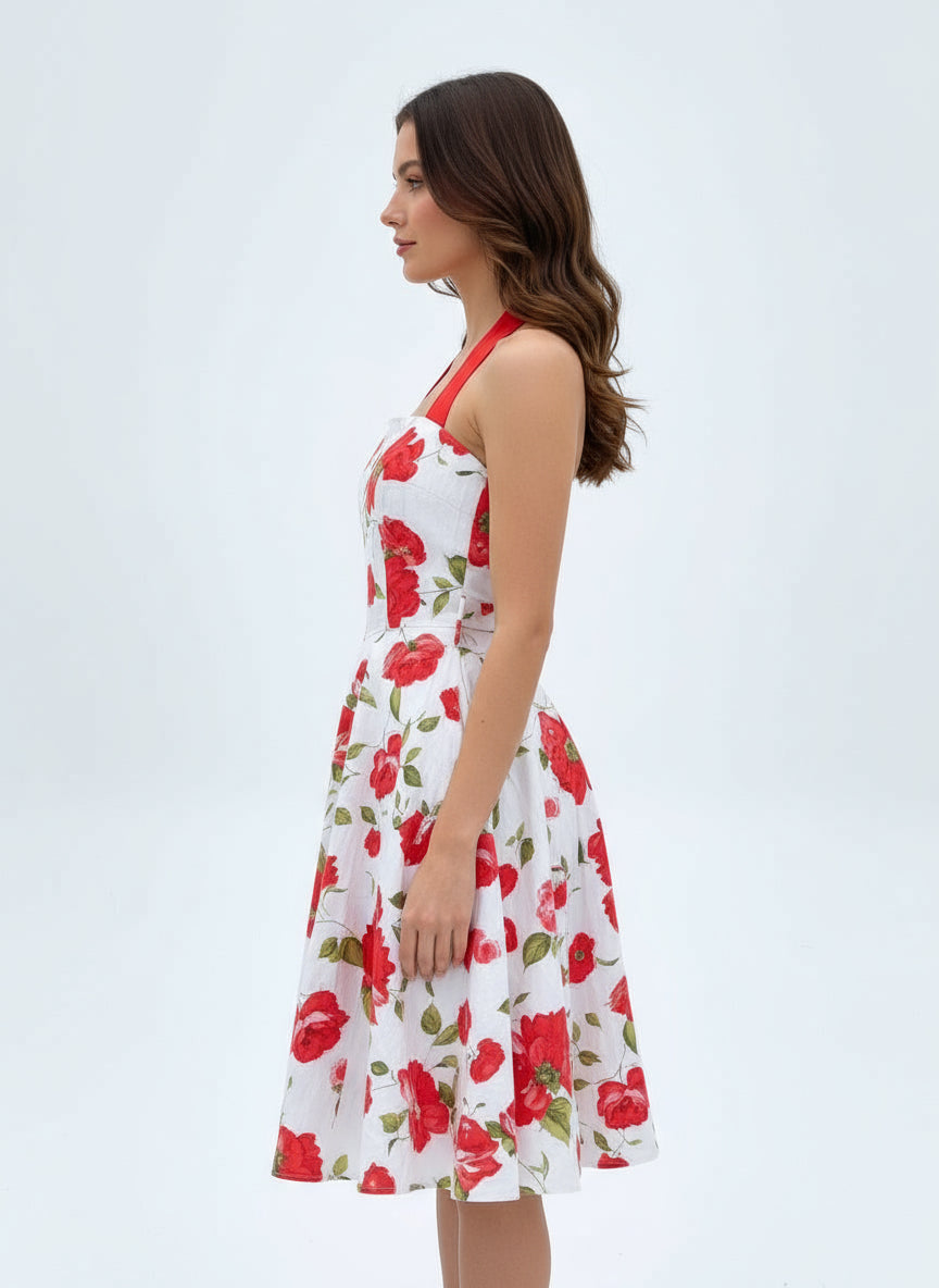 Red Floral Halter Dress