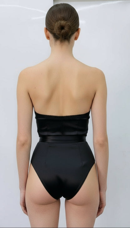 Black Satin Corset Bodysuit