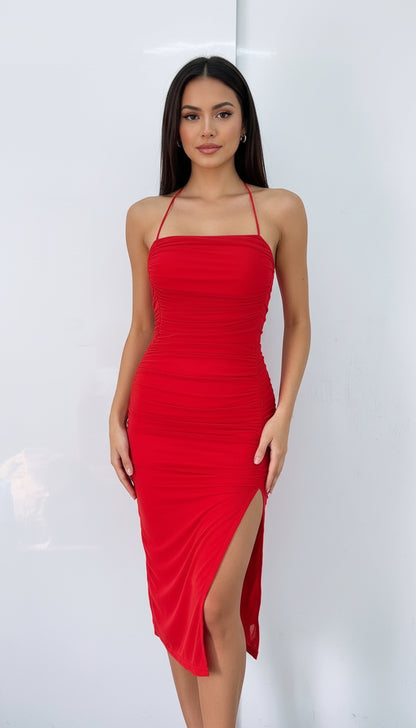 Red Ruched Midi Dress