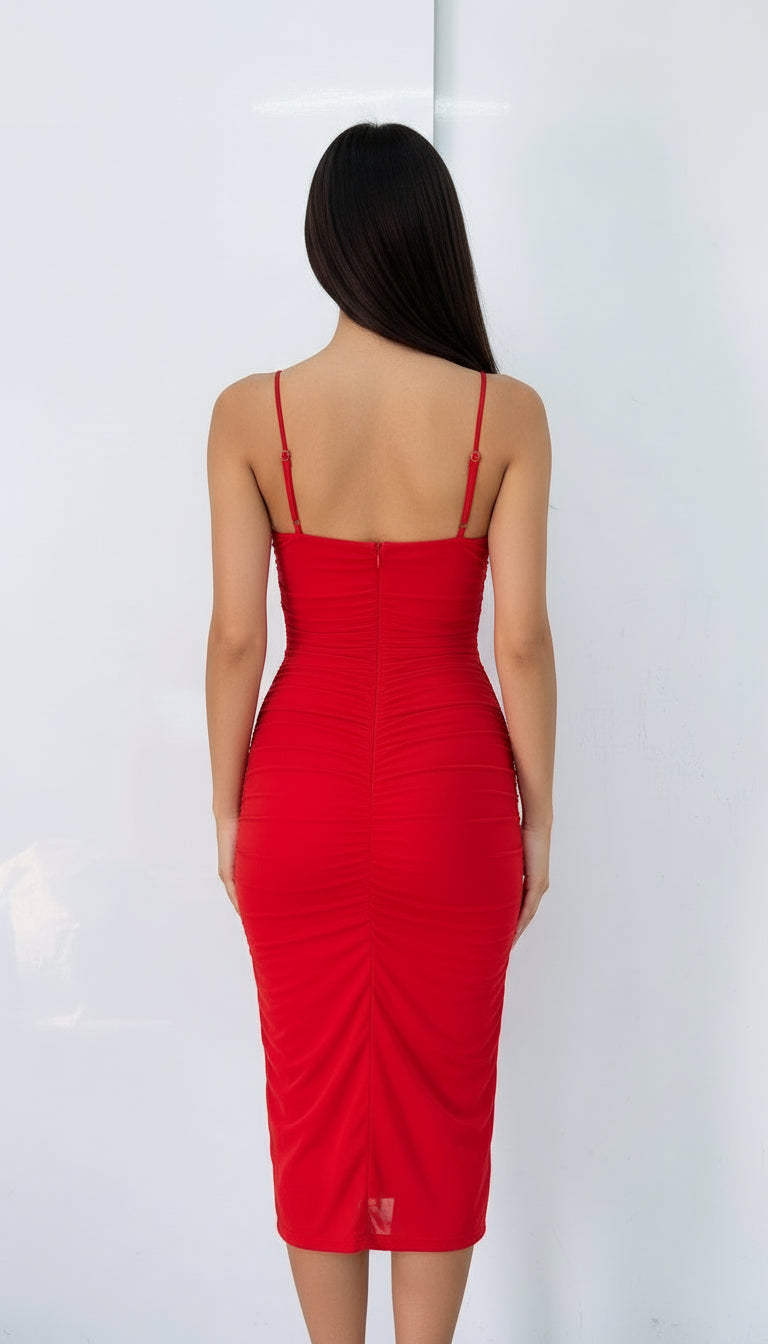 Red Ruched Midi Dress