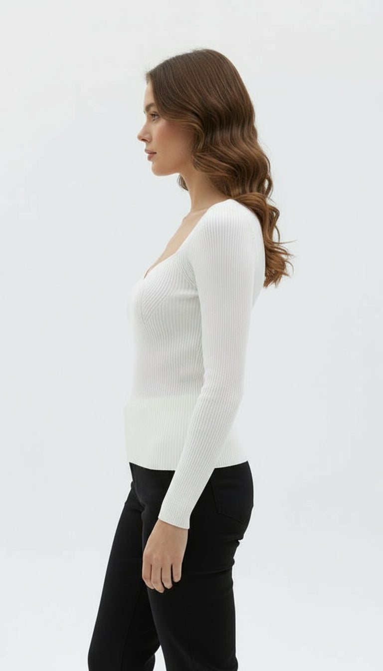 White Ribbed Sweetheart Neckline Top