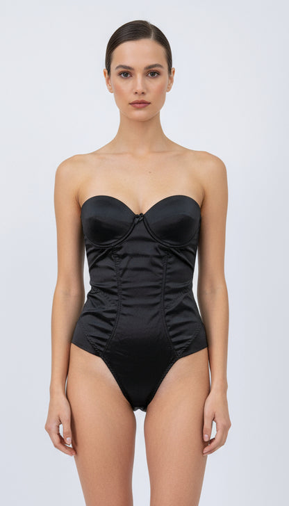 Black Satin Corset Bodysuit