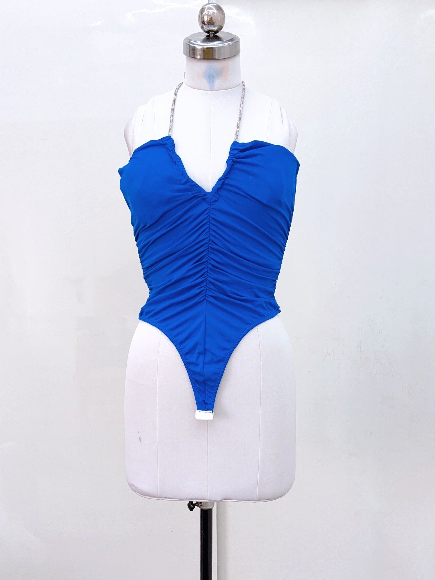 Blue Ruched Bodysuit with Shimmer Strap