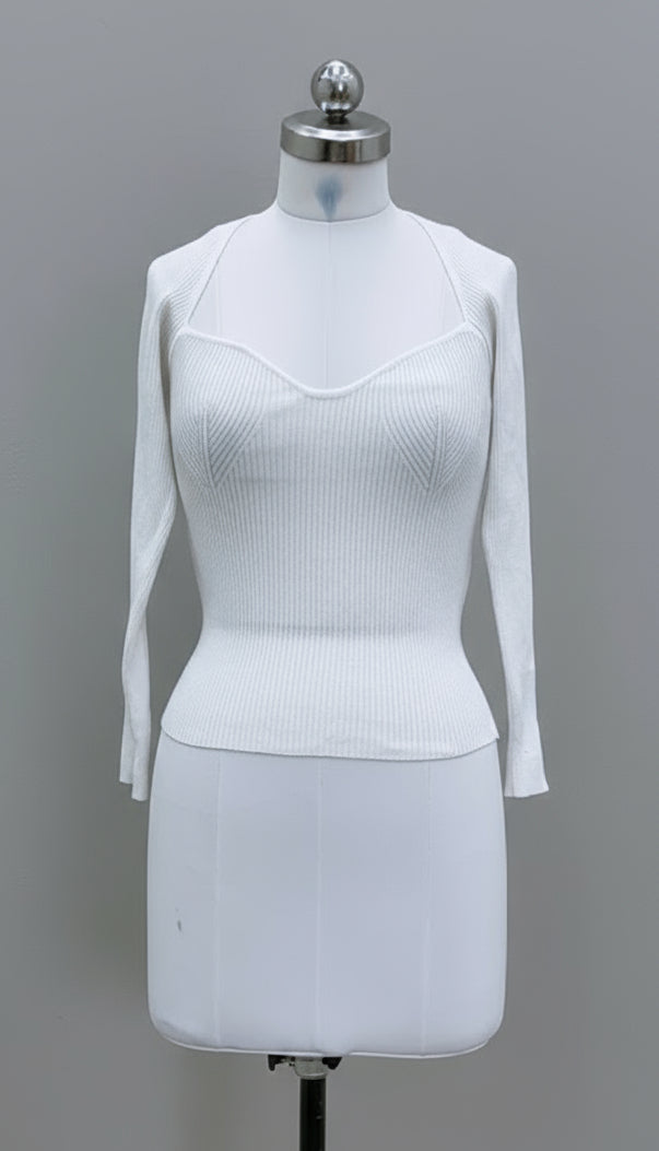 White Ribbed Sweetheart Neckline Top