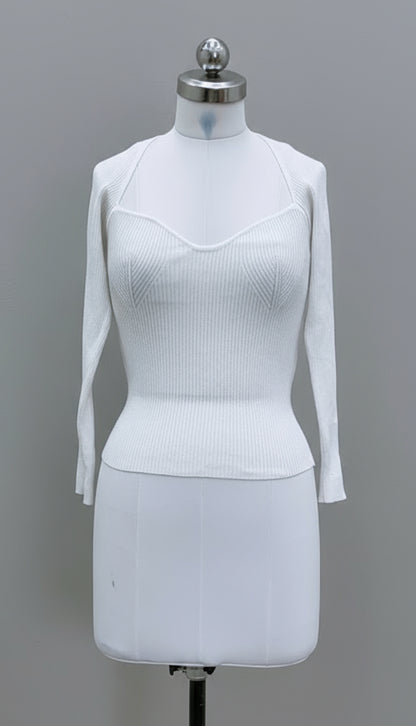 White Ribbed Sweetheart Neckline Top
